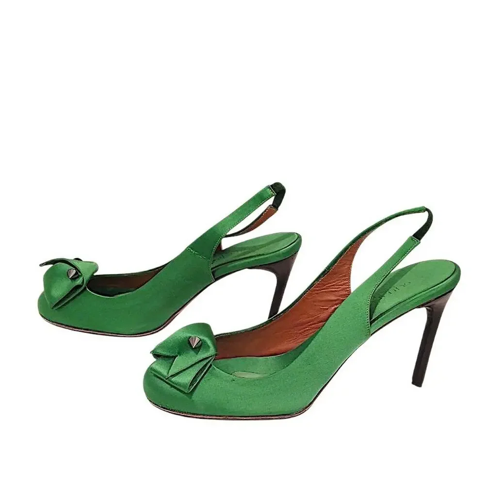 Guillaume‎ Hinfray Satin Slingback Pumps 41 Green Bow Studs Wedding Prom Formal